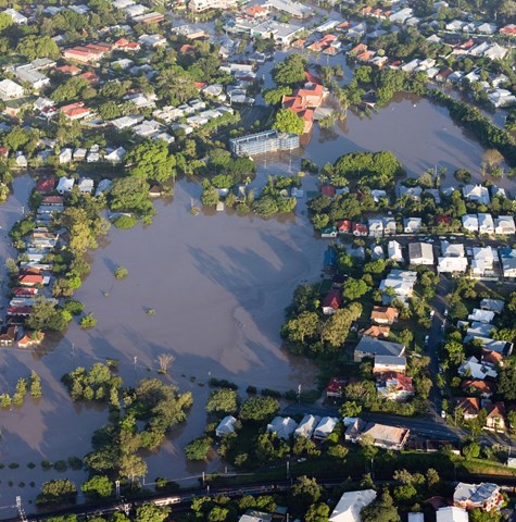 An aerial photography of a Brisbane urban area under water due to flooding