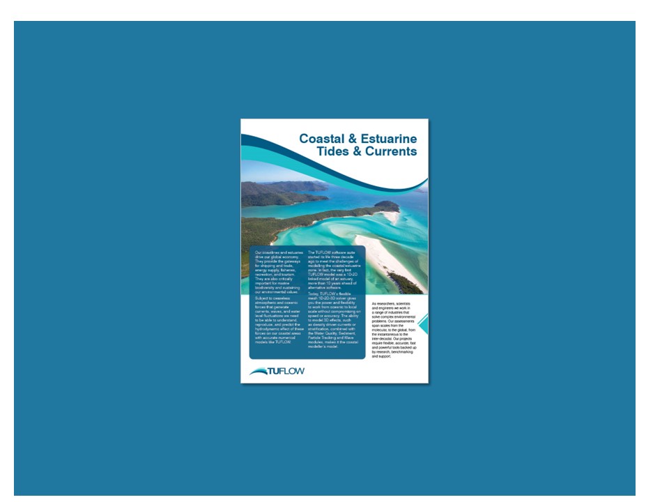 Image of the front page of a TUFLOW coastal and estuarine tides and currents brochure